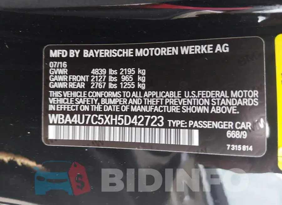 WBA4U7C5XH5D42723 Photo# 9