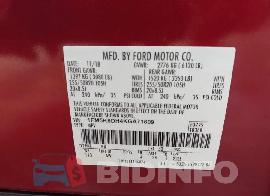 1FM5K8DH4KGA71609 Photo# 9