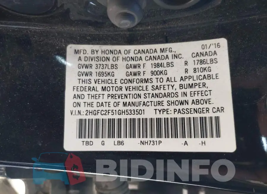 2HGFC2F51GH533501 Photo# 9