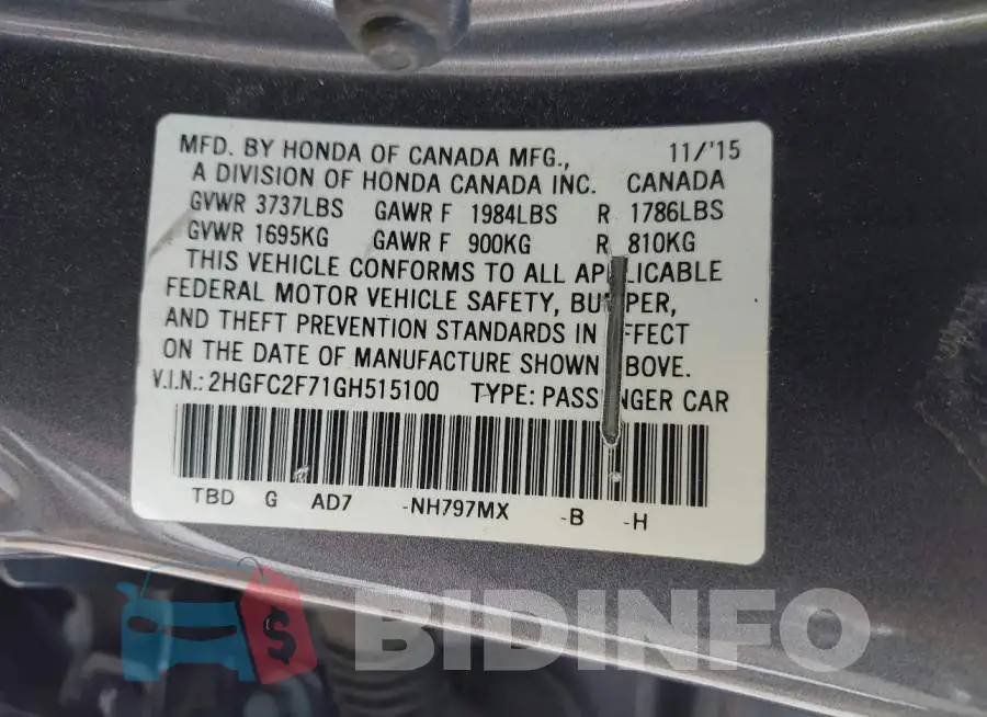 2HGFC2F71GH515100 Photo# 9