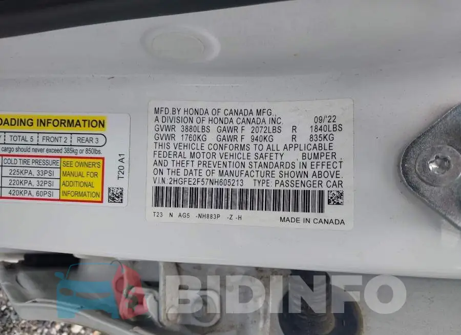 2HGFE2F57NH605213 Photo# 9
