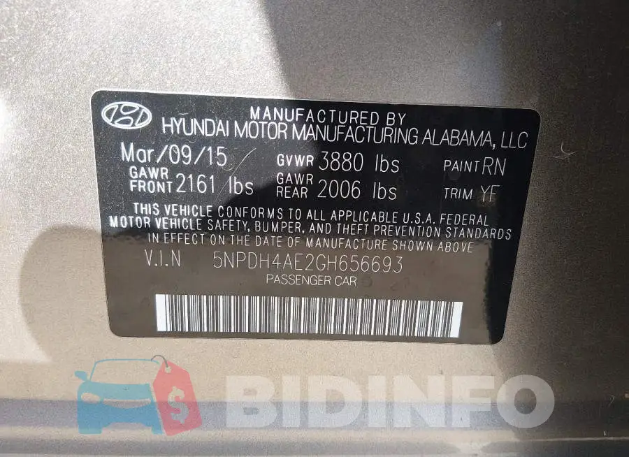5NPDH4AE2GH656693 Photo# 9