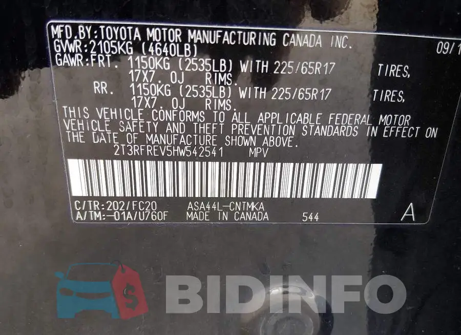 2T3RFREV5HW542541 Photo# 9