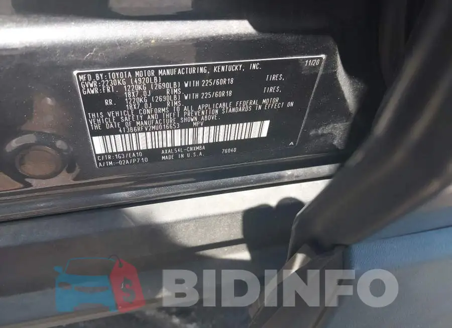 4T3B6RFV2MU016653 Photo# 9