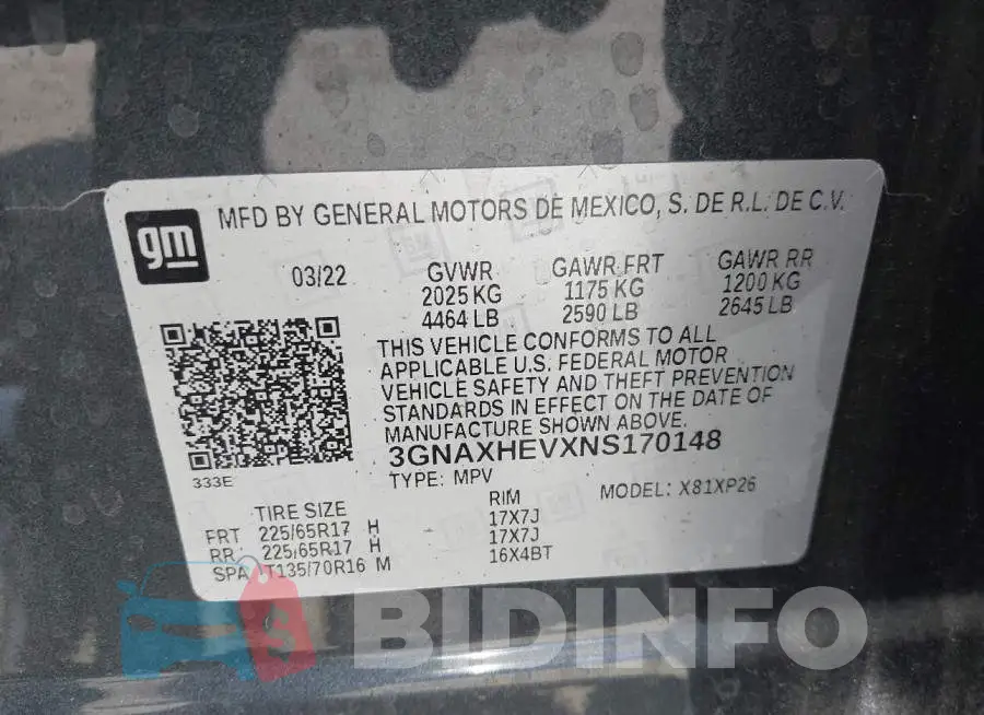 3GNAXHEVXNS170148 Photo# 9
