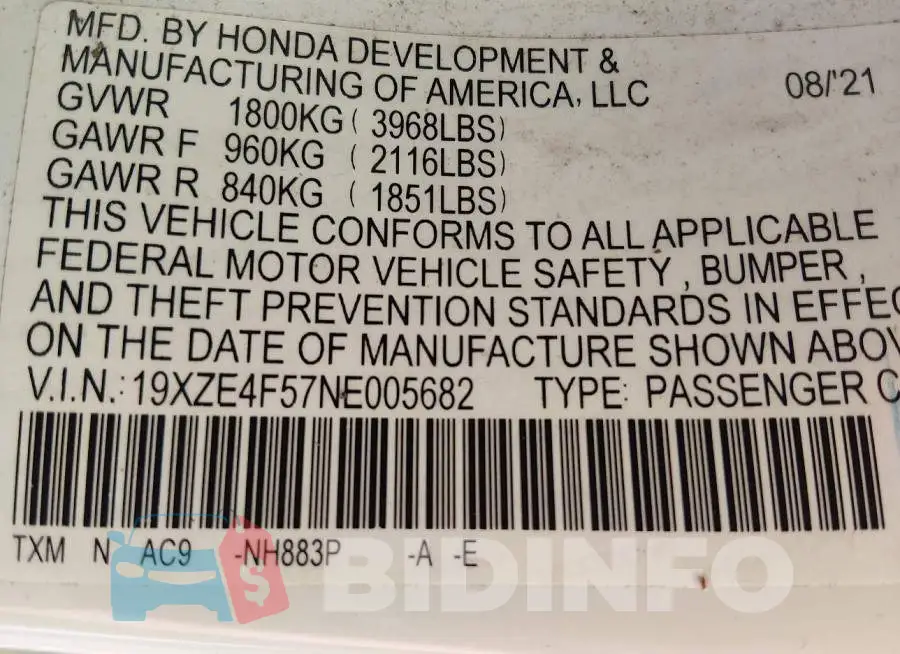 19XZE4F57NE005682 Photo# 9