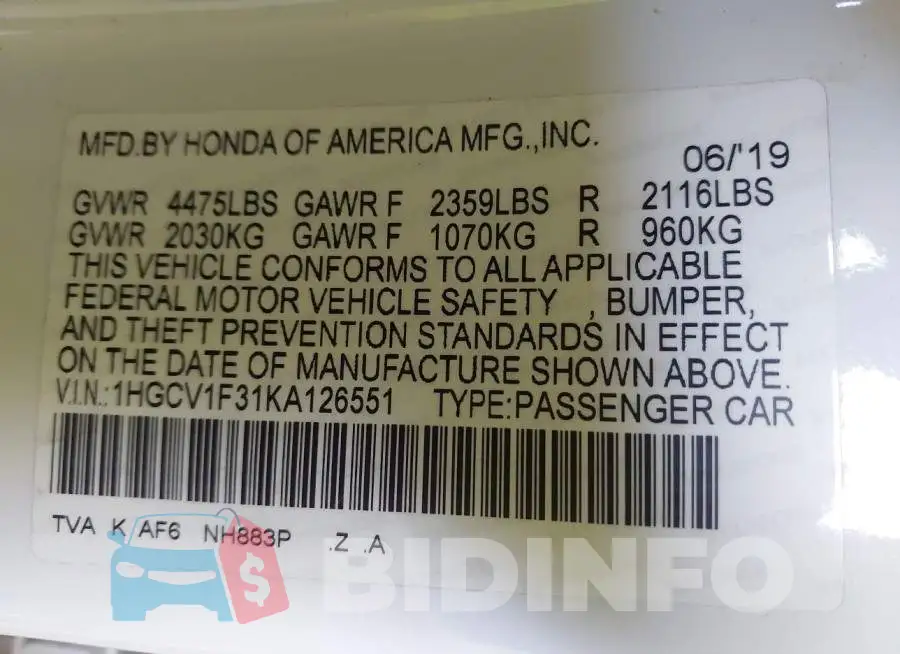 1HGCV1F31KA126551 Photo# 9