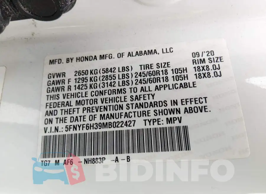 5FNYF6H39MB022427 Photo# 9