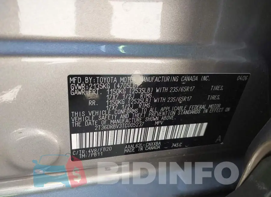 2T36DRBV3TC005237 Photo# 9