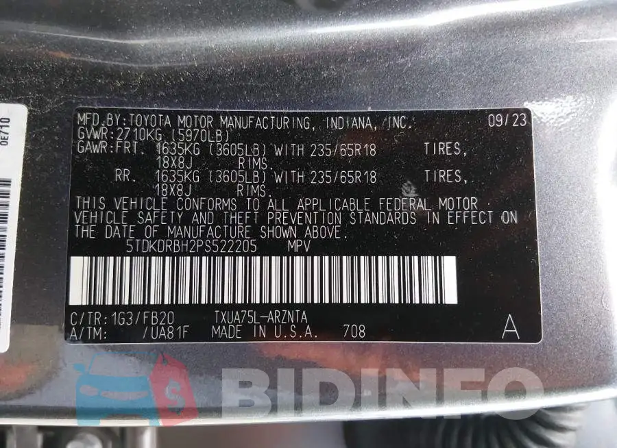 5TDKDRBH2PS522205 Photo# 9