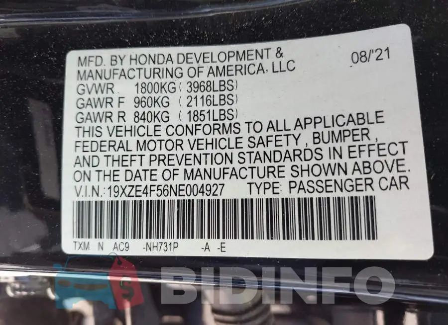 19XZE4F56NE004927 Photo# 9