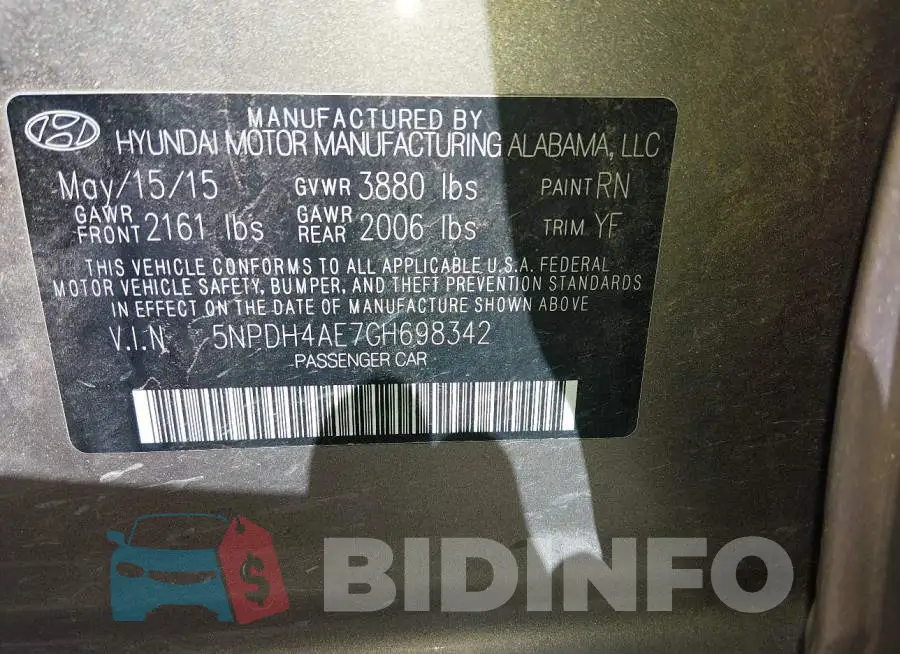 5NPDH4AE7GH698342 Photo# 9
