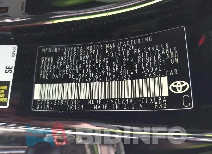 5YFB4MDEXTP457922 Photo# 9
