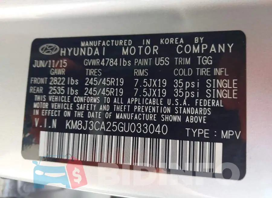 KM8J3CA25GU033040 Photo# 9