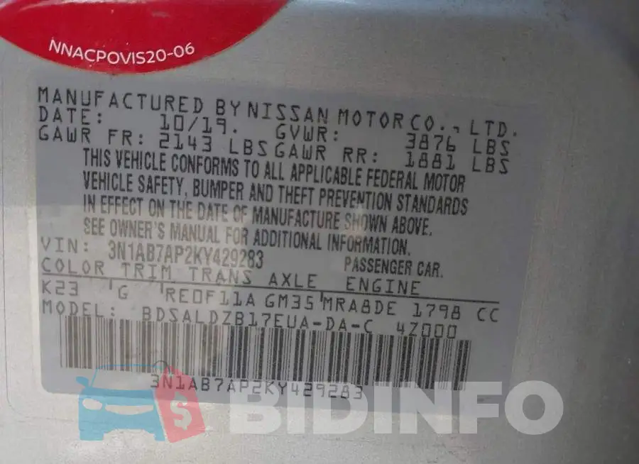 3N1AB7AP2KY429283 Photo# 9