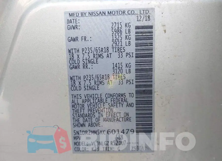 5N1DR2MM5KC601479 Photo# 9