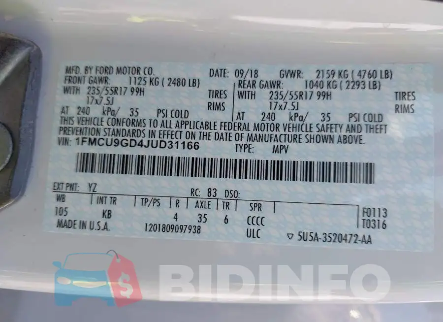 1FMCU9GD4JUD31166 Photo# 9