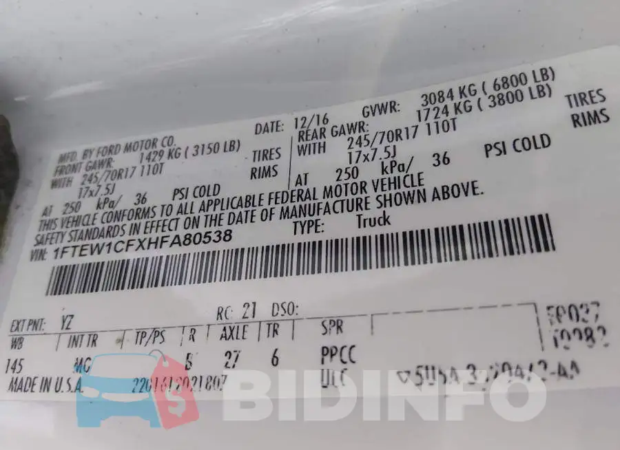 1FTEW1CFXHFA80538 Photo# 9