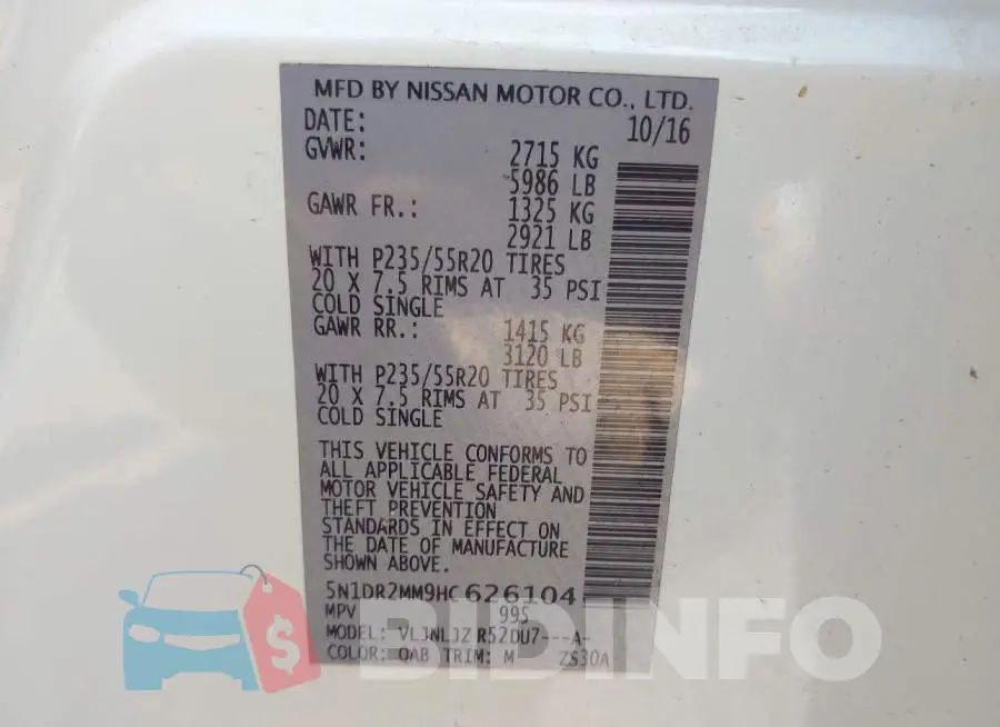 5N1DR2MM9HC626104 Photo# 9