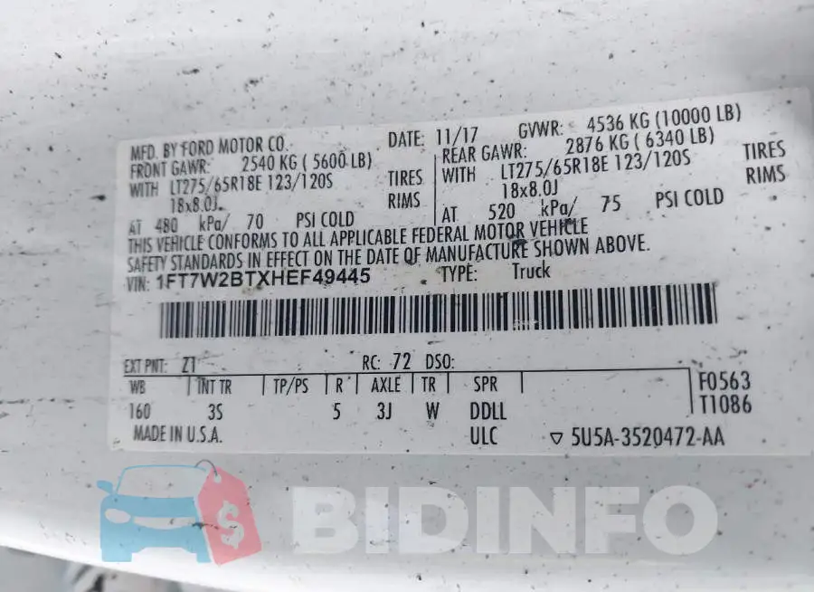 1FT7W2BTXHEF49445 Photo# 9
