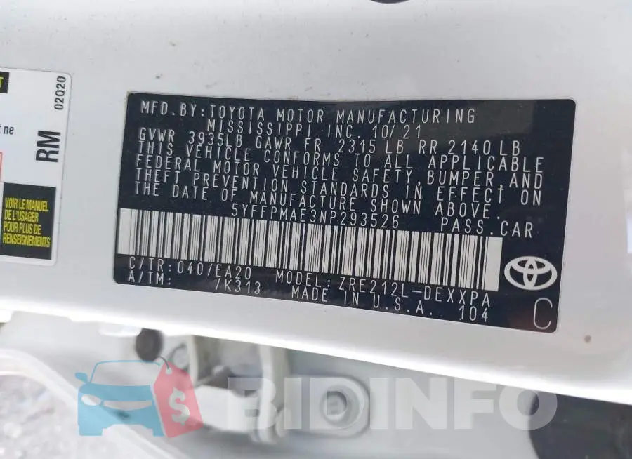 5YFFPMAE3NP293526 Photo# 9