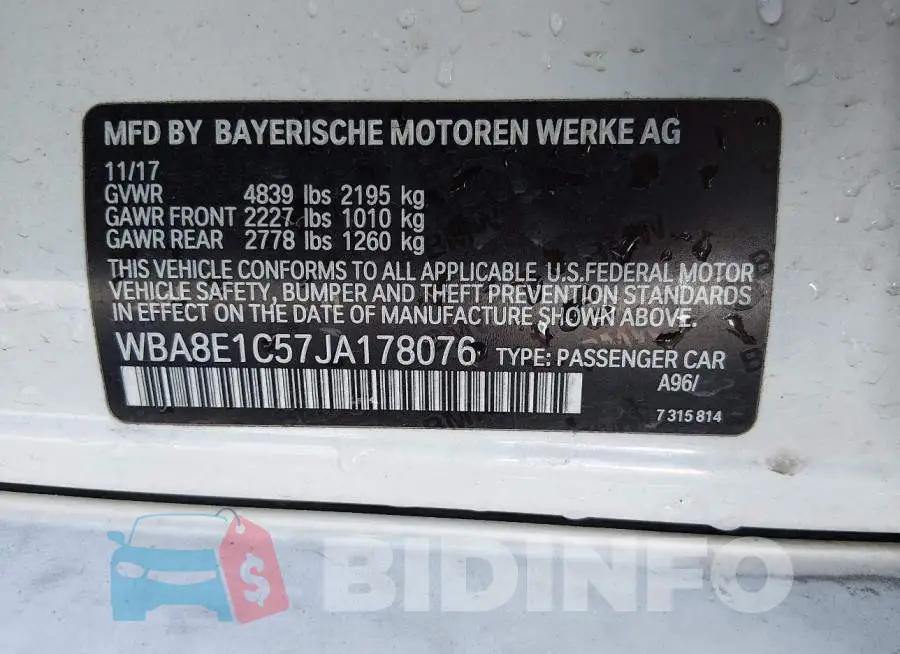 WBA8E1C57JA178076 Photo# 9