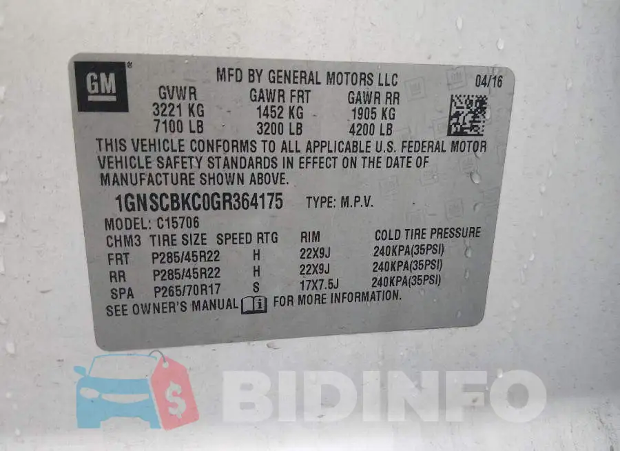 1GNSCBKC0GR364175 Photo# 9