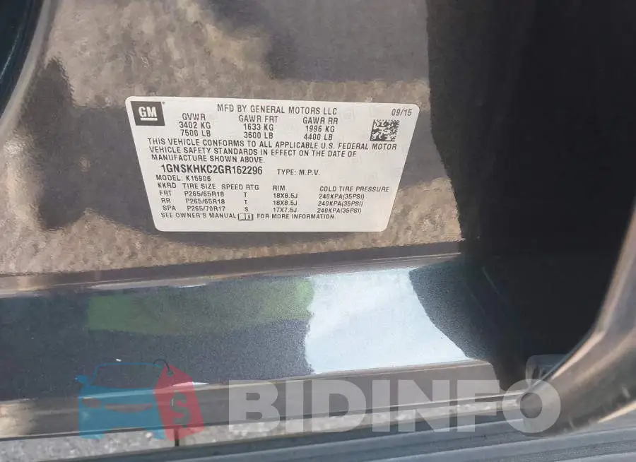 1GNSKHKC2GR162296 Photo# 9
