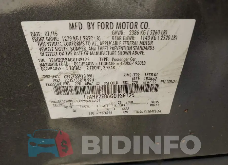 1FAHP2E86GG138125 Photo# 9