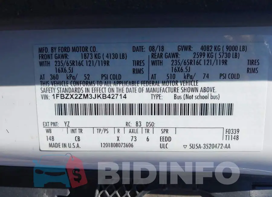 1FBZX2ZM3JKB42714 Photo# 9