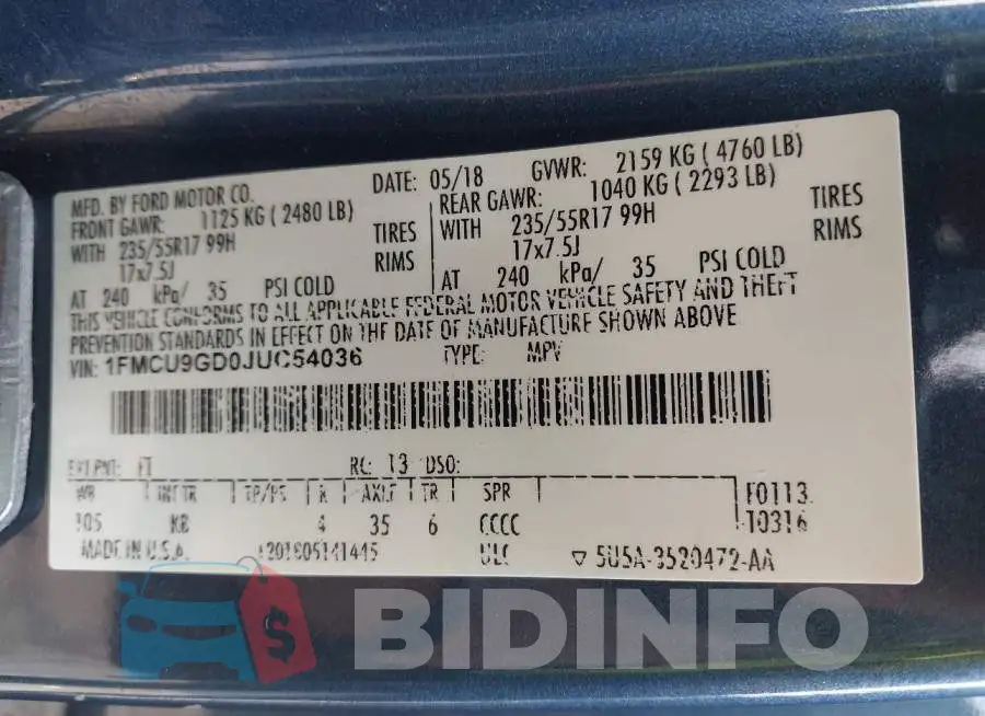 1FMCU9GD0JUC54036 Photo# 9