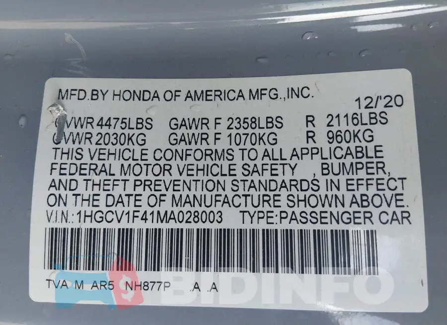 1HGCV1F41MA028003 Photo# 9