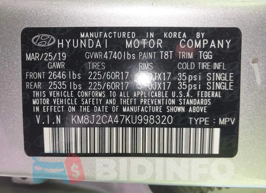 KM8J2CA47KU998320 Photo# 9