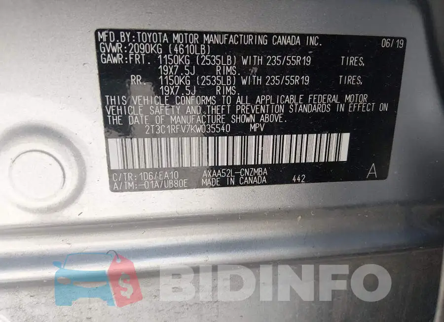 2T3C1RFV7KW035540 Photo# 9