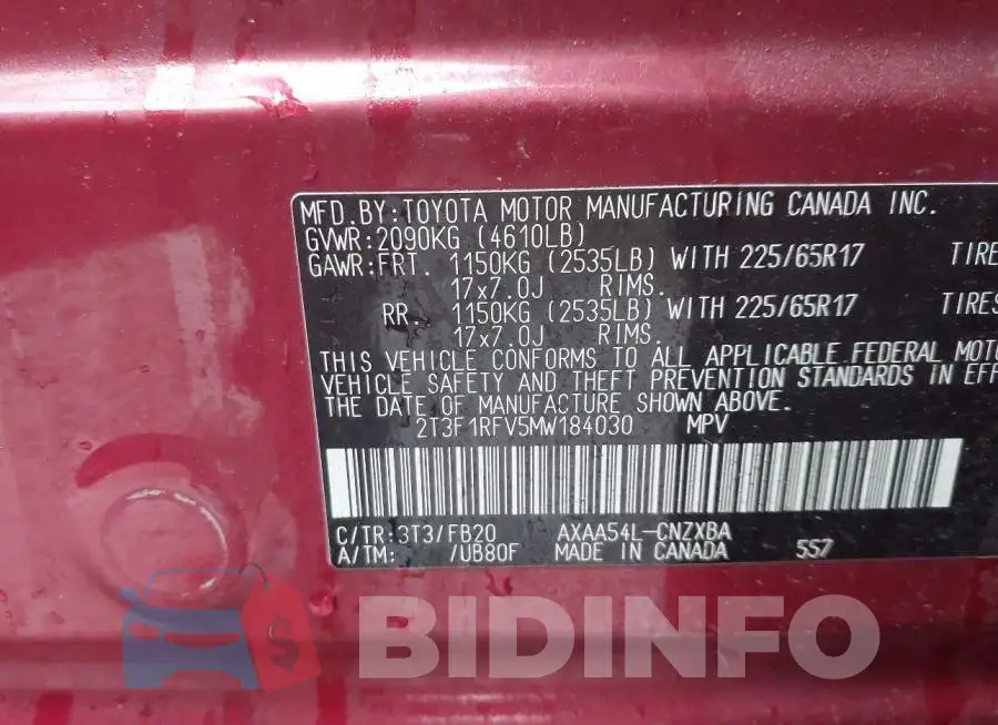 2T3F1RFV5MW184030 Photo# 9