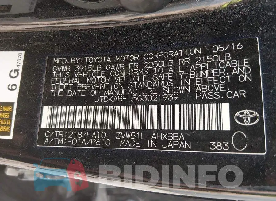JTDKARFU5G3021939 Photo# 9
