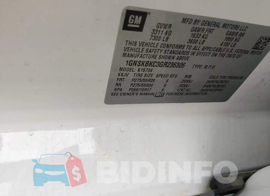 1GNSKBKC3GR236306 Photo# 9