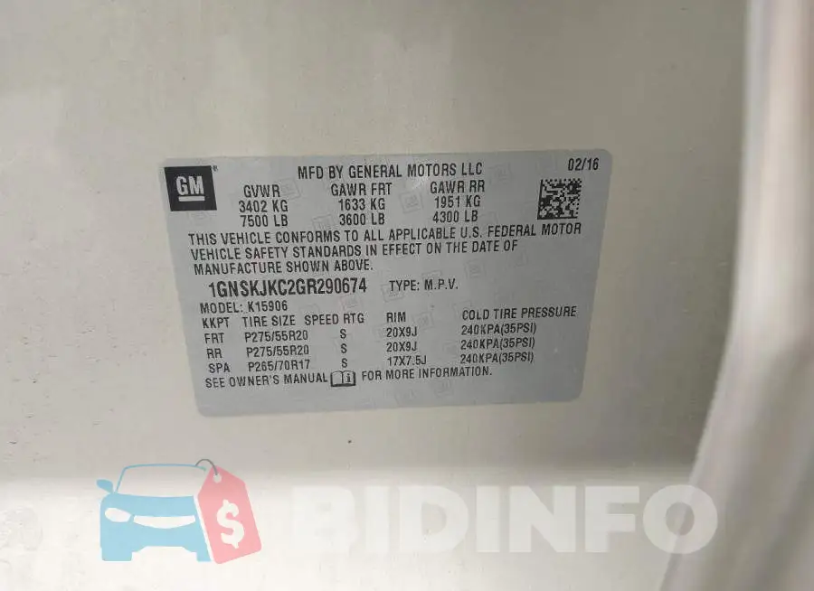 1GNSKJKC2GR290674 Photo# 9