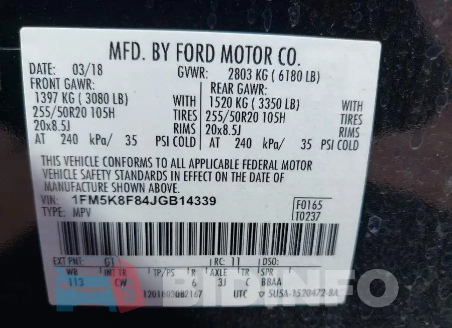 1FM5K8F84JGB14339 Photo# 9