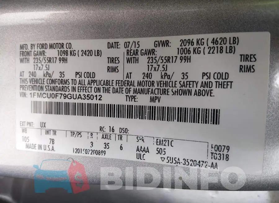 1FMCU0F79GUA35012 Photo# 9