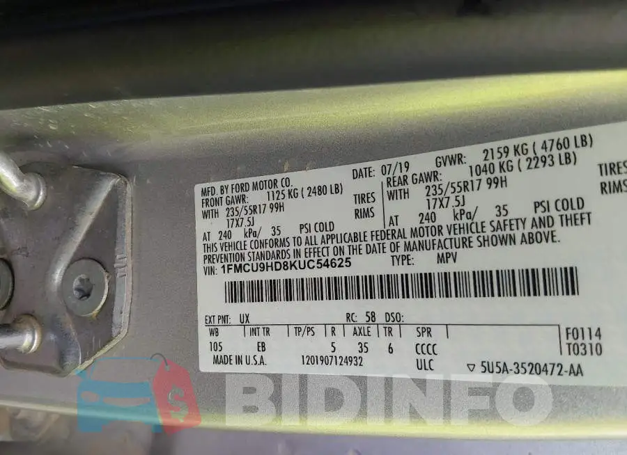 1FMCU9HD8KUC54625 Photo# 9