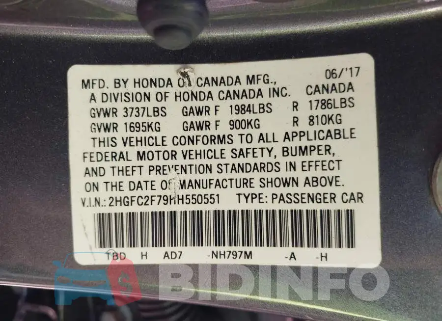 2HGFC2F79HH550551 Photo# 9