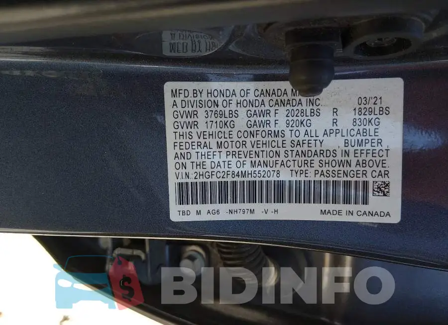 2HGFC2F84MH552078 Photo# 9