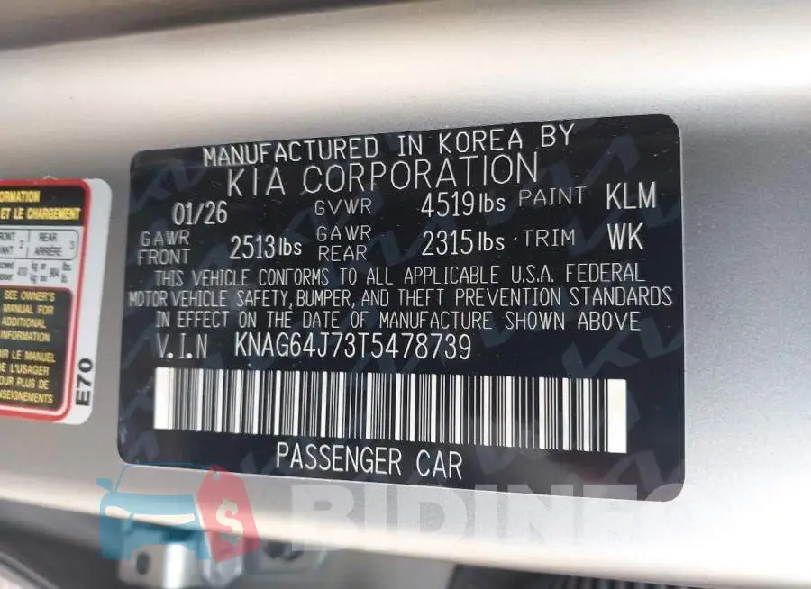 KNAG64J73T5478739 Photo# 9