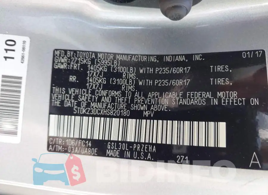 5TDKZ3DCXHS820180 Photo# 9