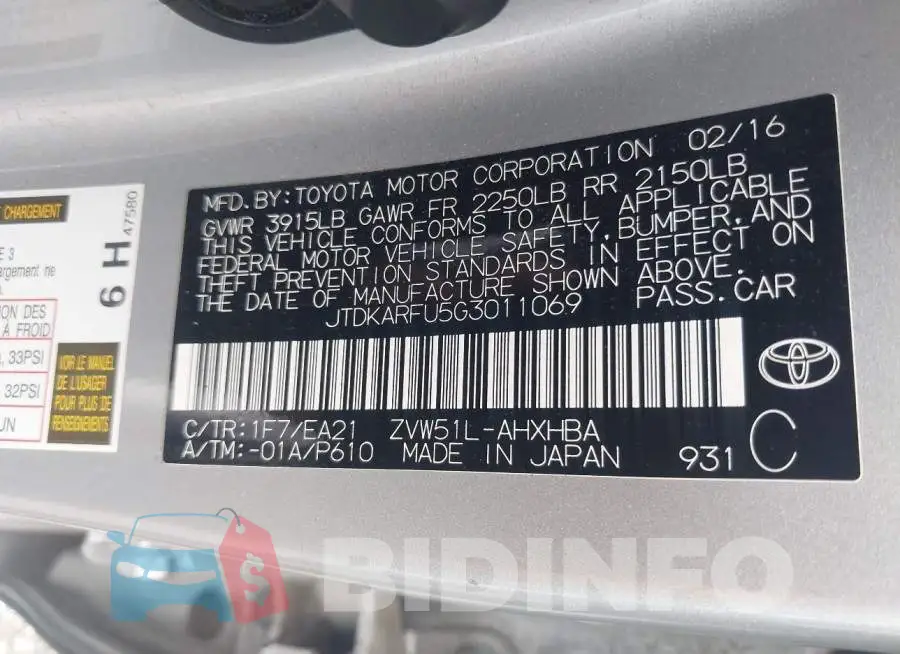 JTDKARFU5G3011069 Photo# 9