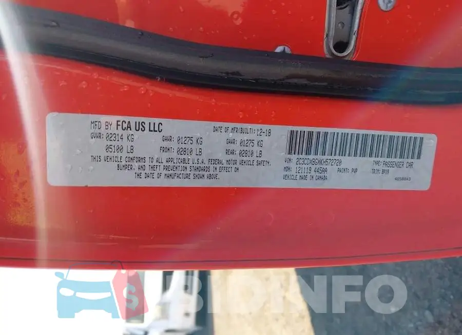2C3CDXBGXKH572720 Photo# 9