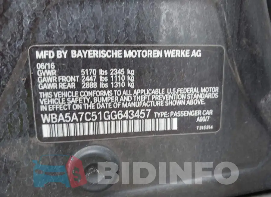 WBA5A7C51GG643457 Photo# 9