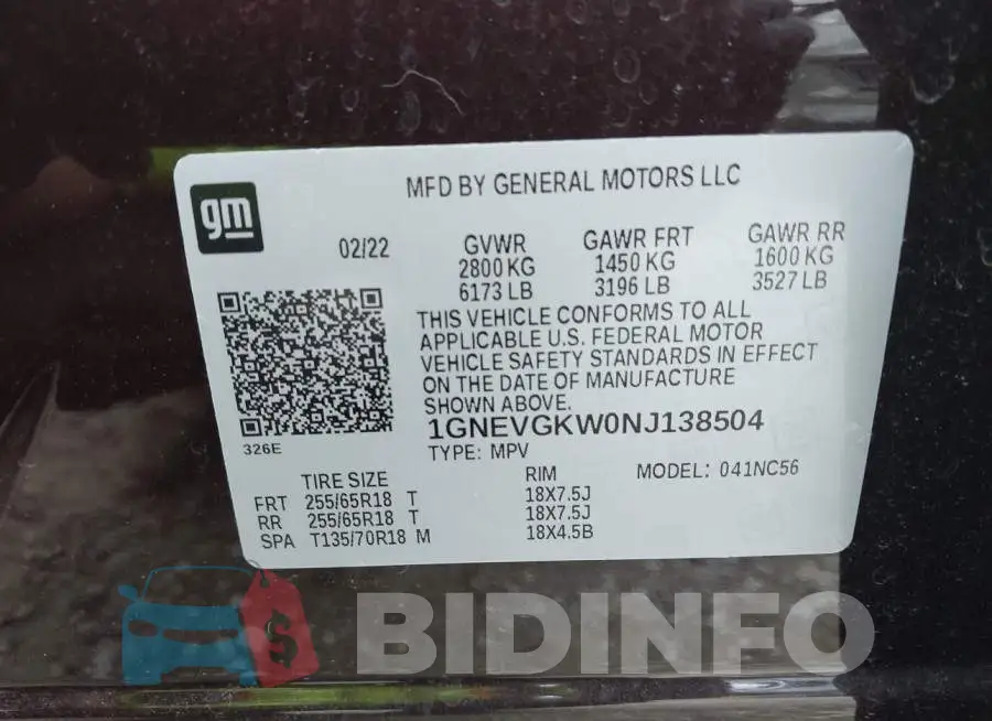 1GNEVGKW0NJ138504 Photo# 9