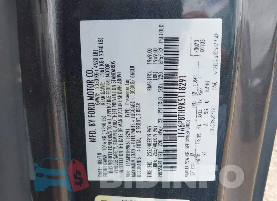 1FA6P8TH9K5118291 Photo# 9